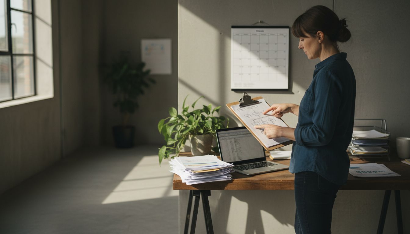 Werkstattbüro: Manager prüft Prozesskarte und Rechnungen am Laptop; Kalender, Tasse und Pflanze im Raum.