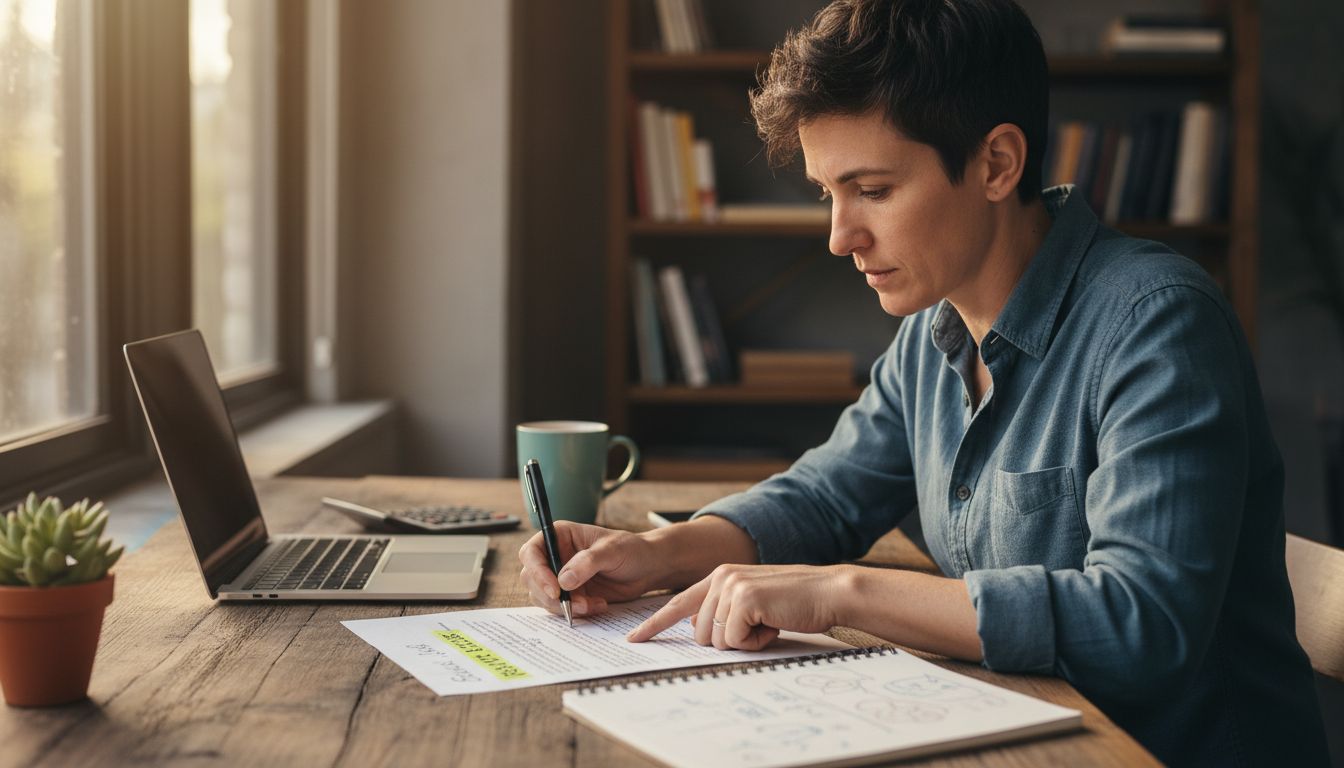 Gründer prüft Businessplan mit Notizen am Schreibtisch, zeigt auf Umsatzprognose; Laptop, Taschenrechner und Kaffeebecher daneben
