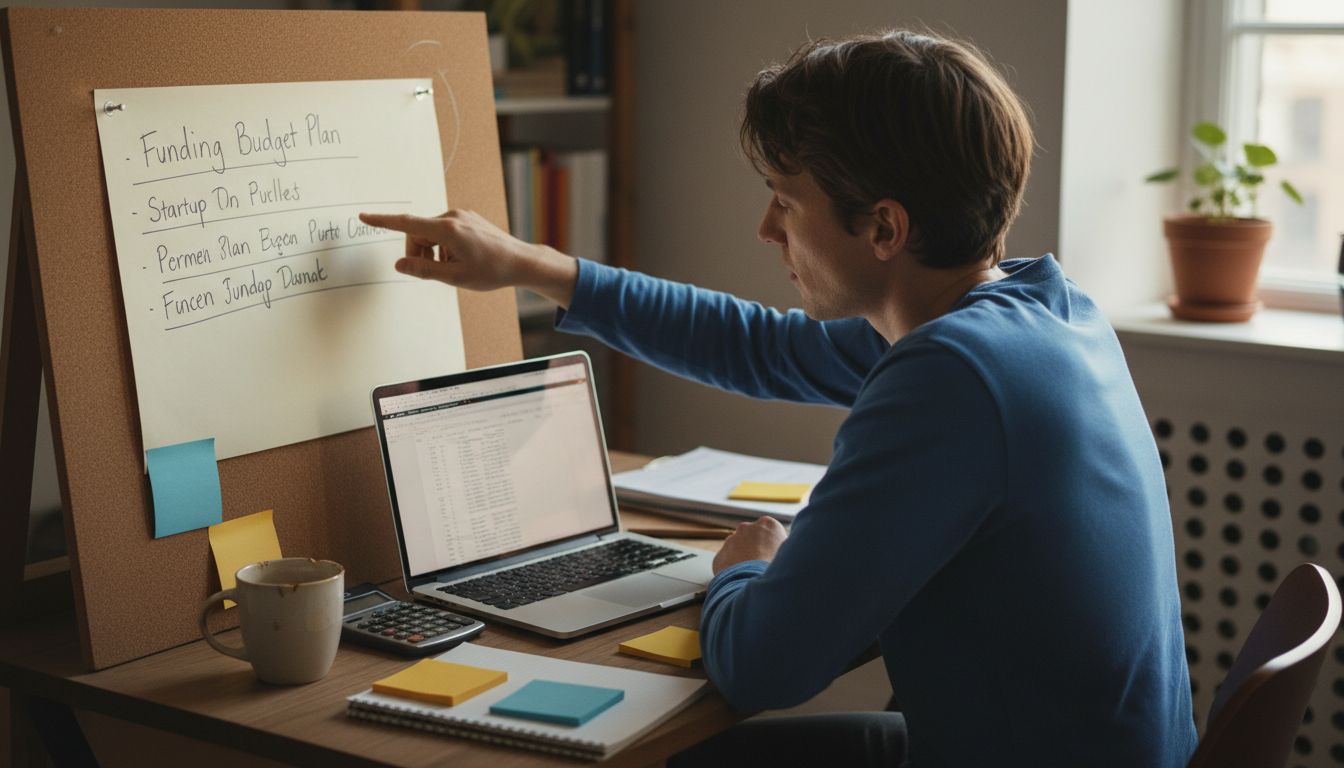 Gründer*in prüft Startup-Budget und Finanzierungsplan am Schreibtisch mit Laptop, Taschenrechner und Notizen