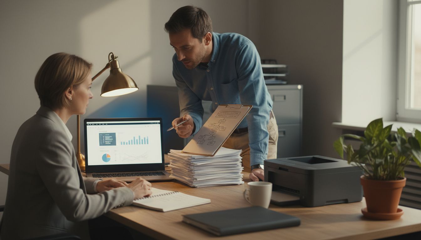 Managerin prüft am Laptop Rechnungen, Kollege zeigt auf Klemmbrett im Büro; Workflow mit ki automatisierung angedeutet