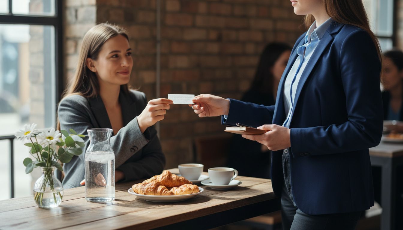 Junger Gründer im Blazer bei einem Empfang, überreicht Visitenkarte; auf dem Tisch Kaffee, Wasserkanne und Gebäck.
