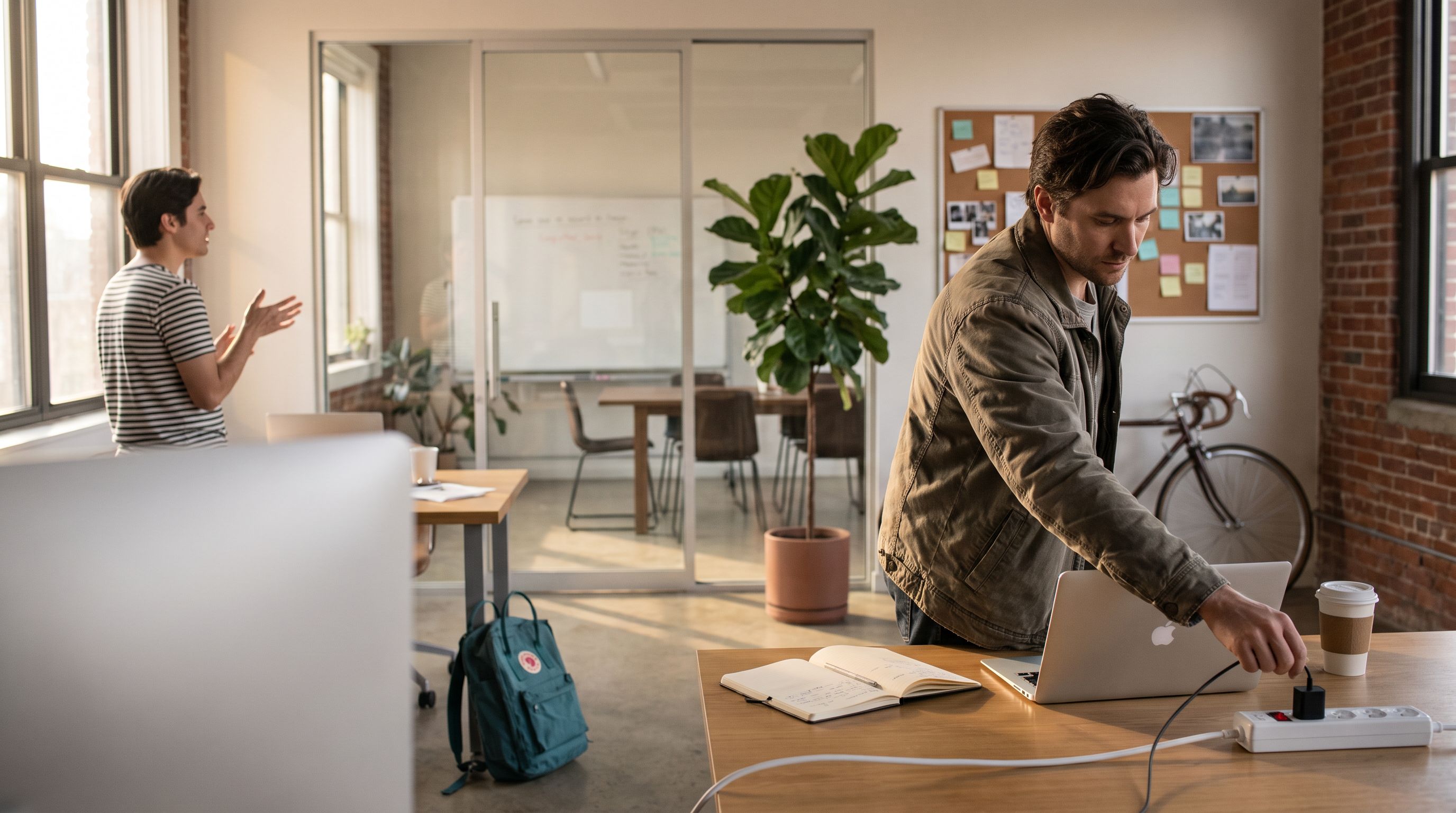 Gründer richtet im Co-Working-Space Laptop und Notizbuch am Gemeinschaftstisch ein, im Hintergrund Freelancer, Glasraum und Fahrrad
