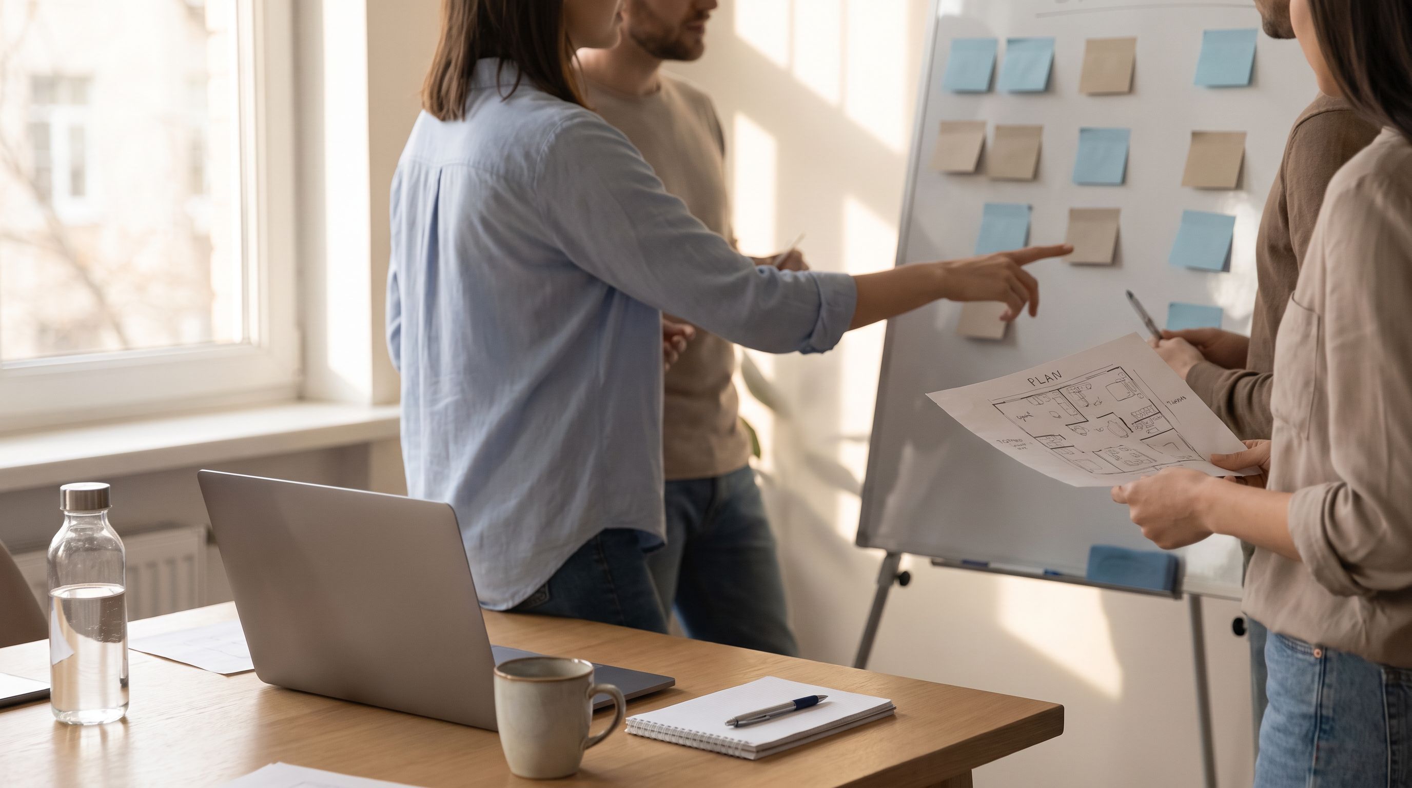Team klebt Haftnotizen an eine Wandtafel, eine Führungskraft zeigt auf einen Sprintplan; Laptop und Kaffeebecher auf dem Tisch bei agilem Arbeiten