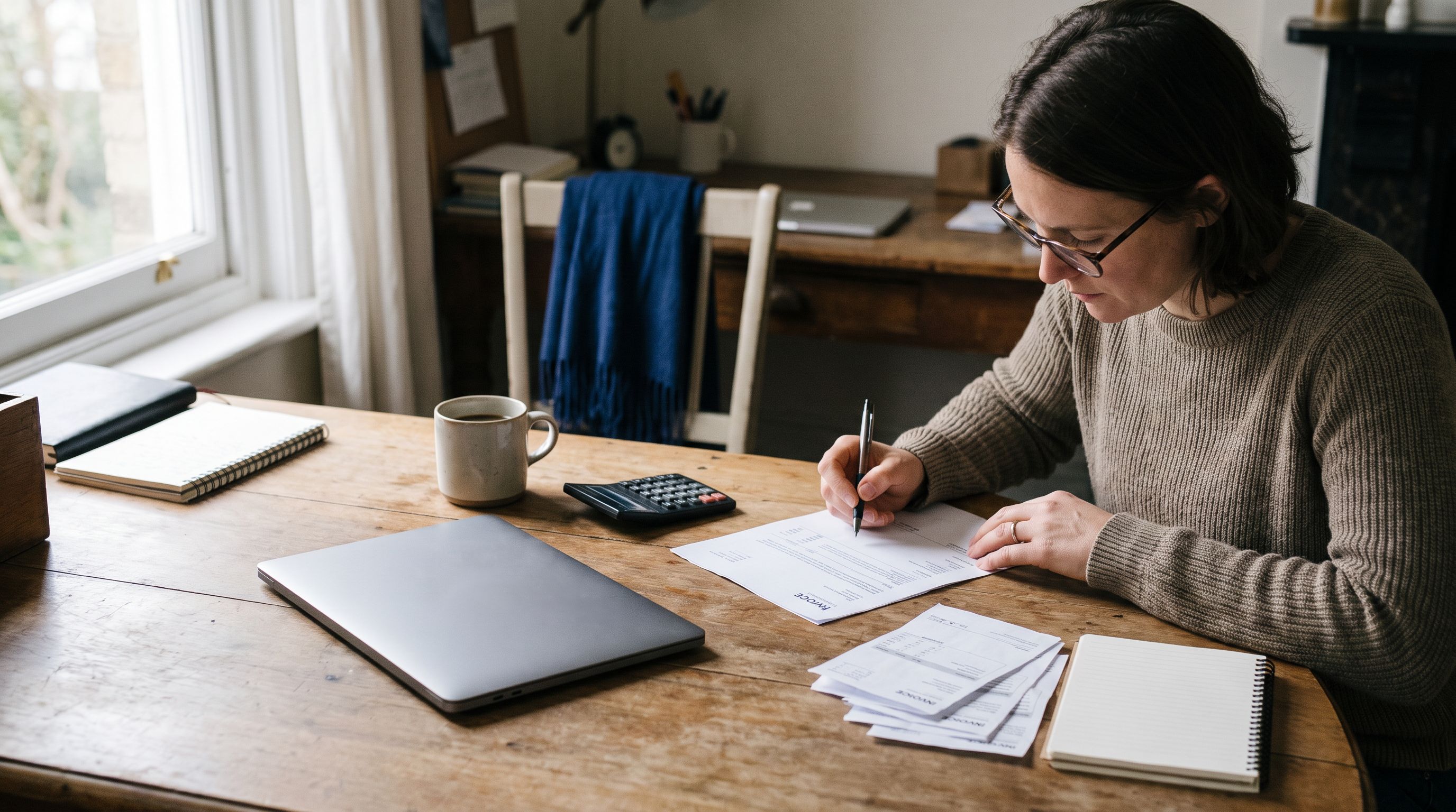 Gründerin prüft mit Stift den Businessplan am Schreibtisch; Laptop, Taschenrechner und Rechnungen daneben, Förderung KMU Thema.
