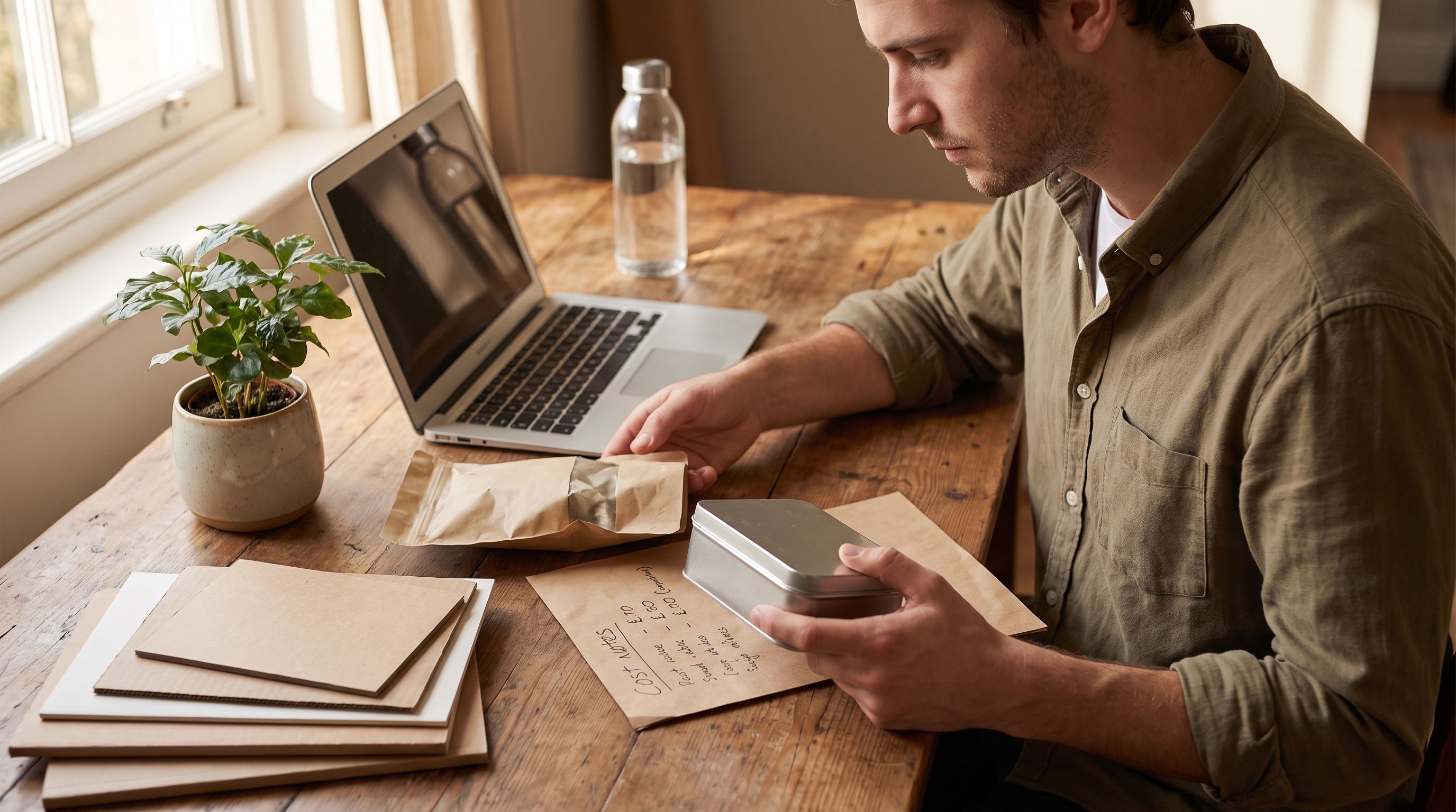 Gründerin prüft Verpackungsmuster und handschriftliche Kostennotizen am Schreibtisch; nachhaltige Materialien liegen neben Laptop und Pflanze.