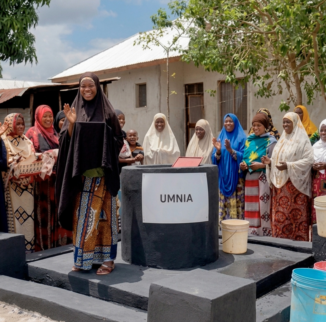 Personas de la comunidad junto a un pozo construido por Umnia