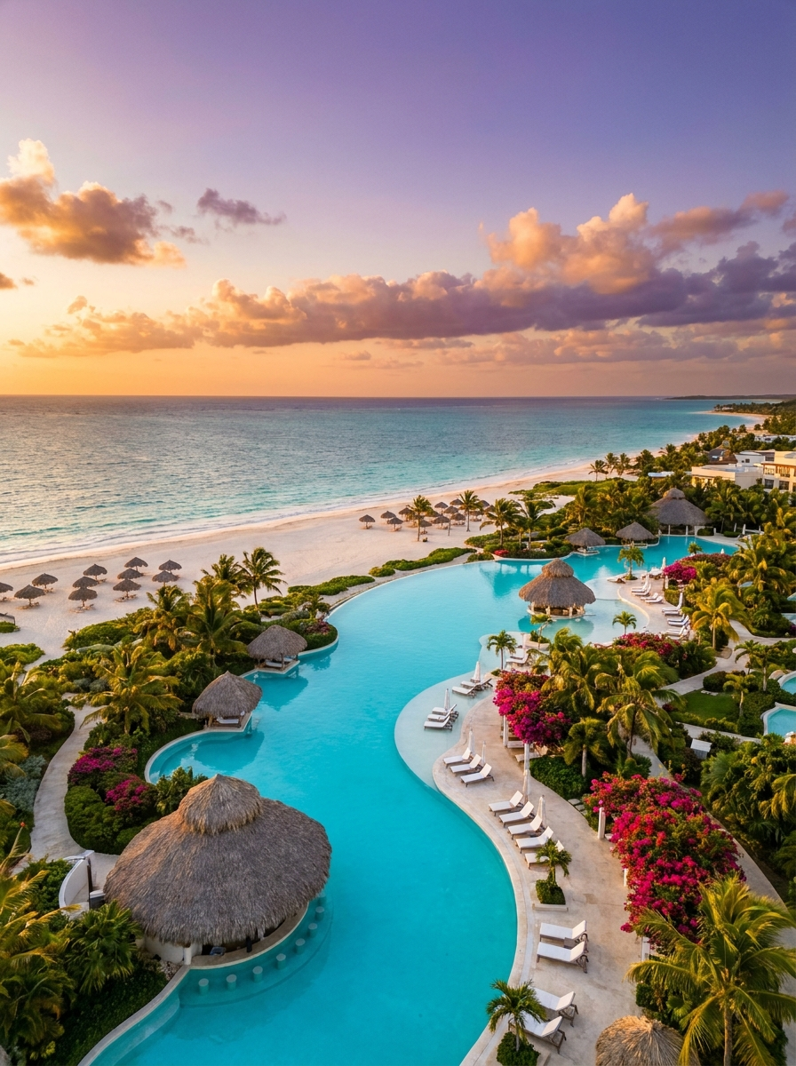 Vista aérea de resort de lujo en Cap Cana al atardecer