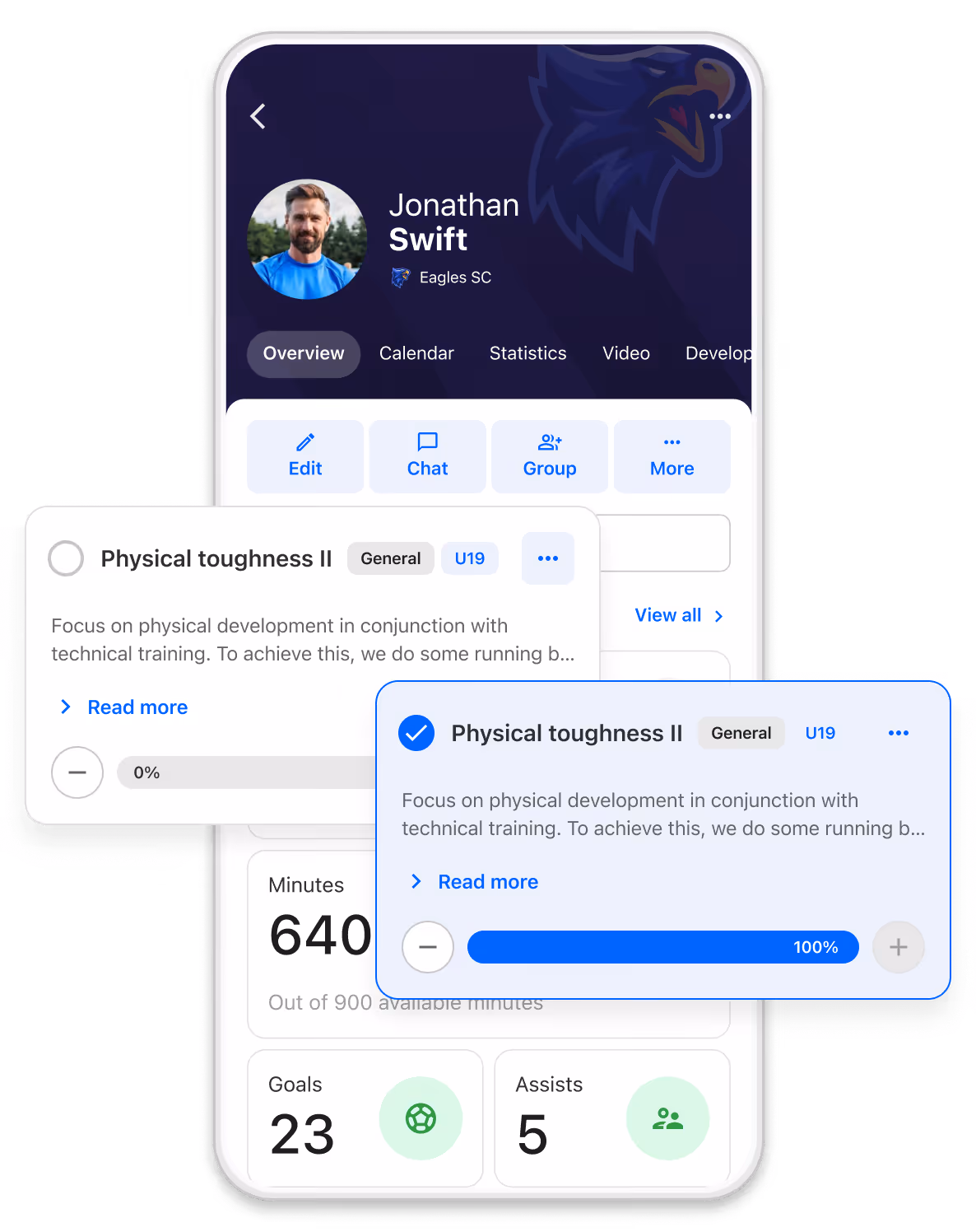 Interfaces for tracking player progress and development, aggregated on a user profile