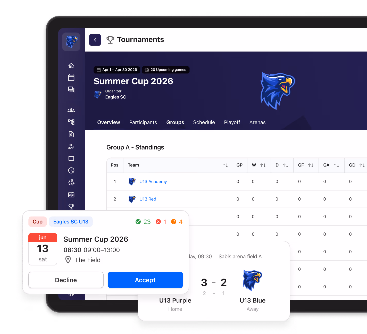 Tournament builder and viewer integrated directly in the platform