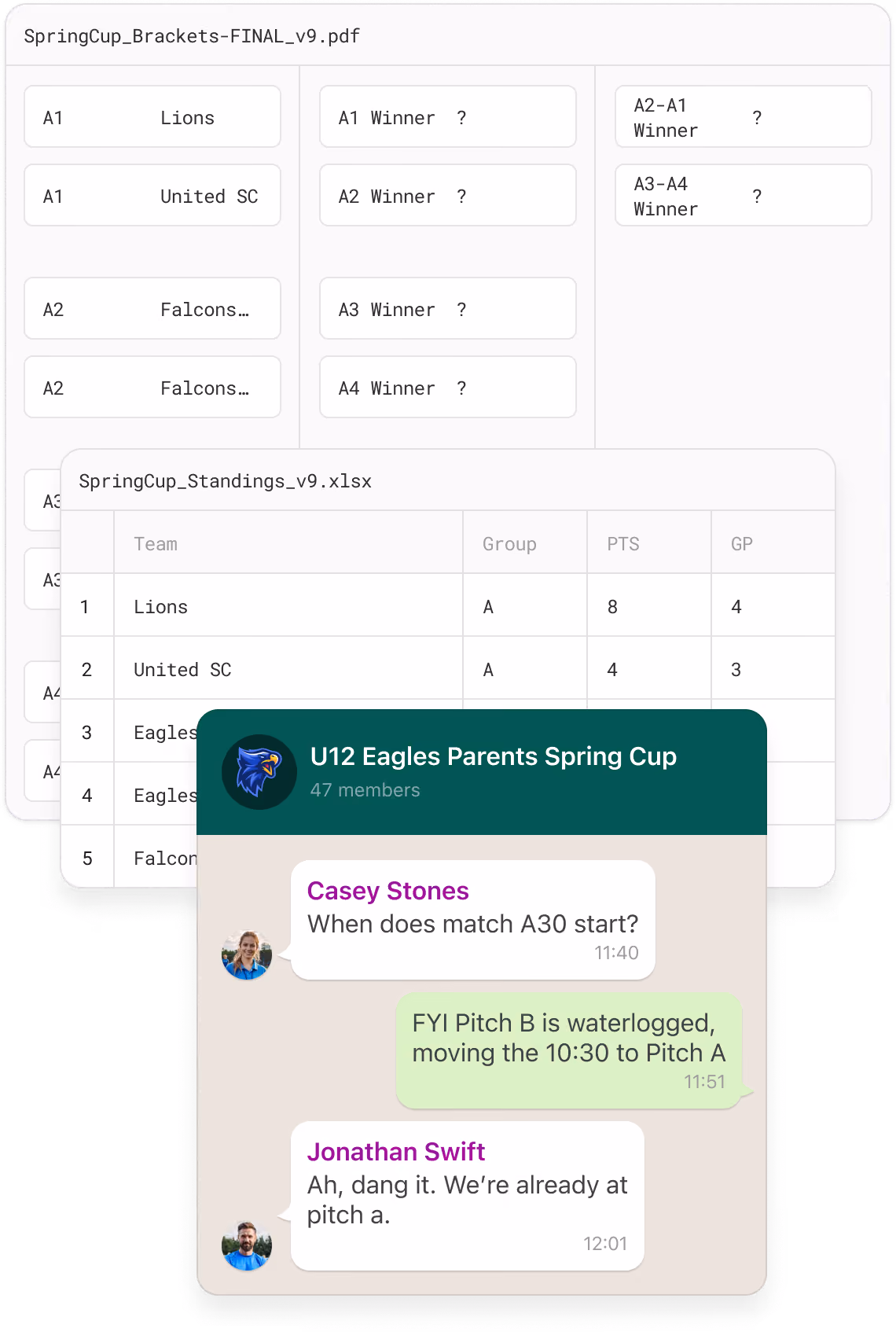 Matches in BracketBeast, group standings in Excel and communication through WhatsApp
