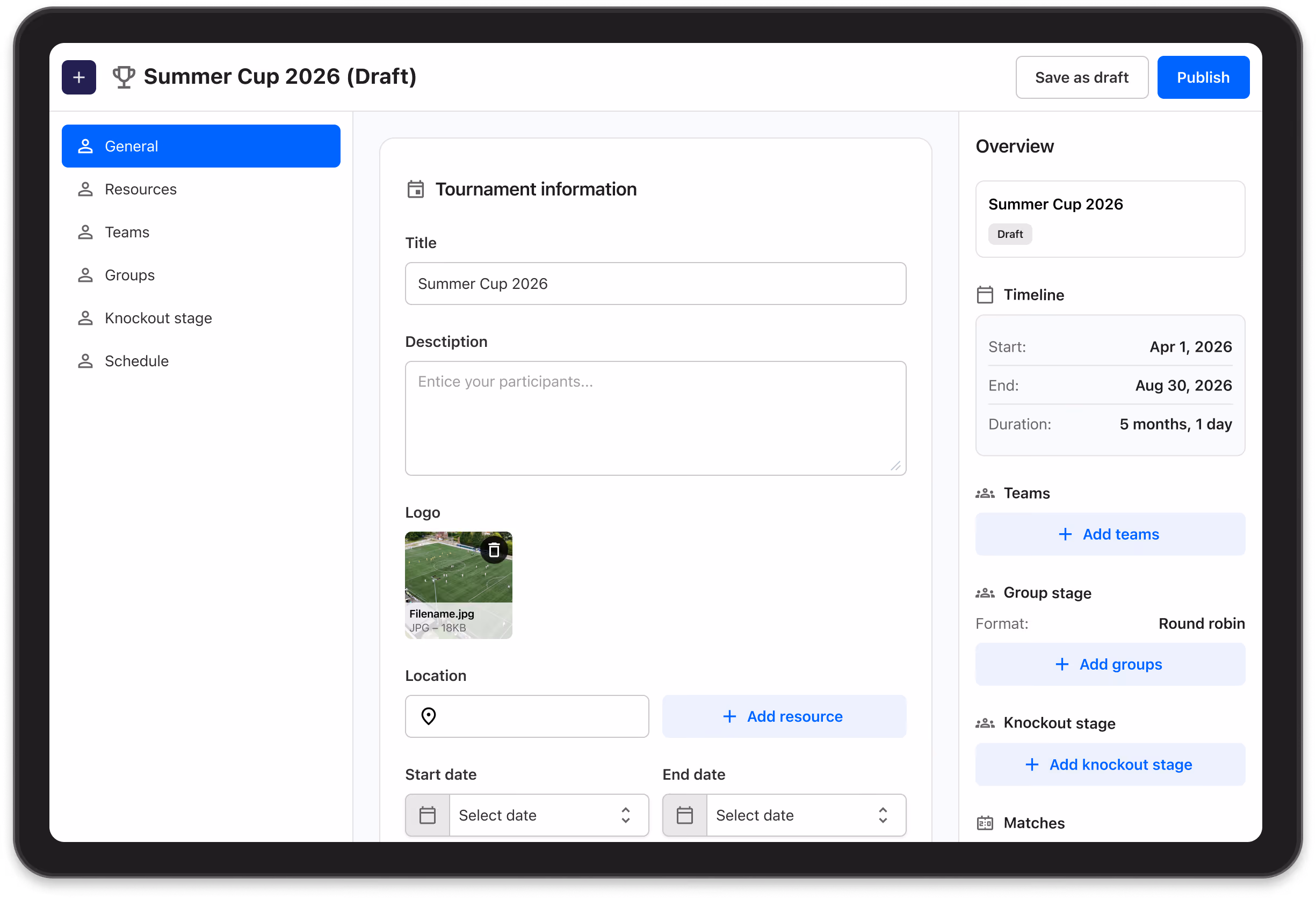 Tournament & League builder, setup your tournament