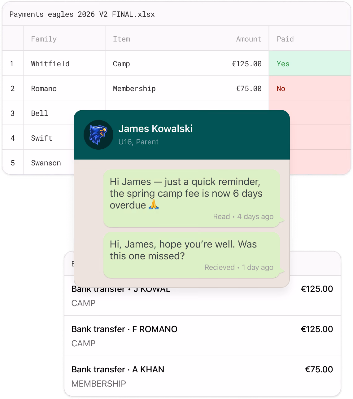WhatsApp for reminders, Excel for overview and bank statements for tracking