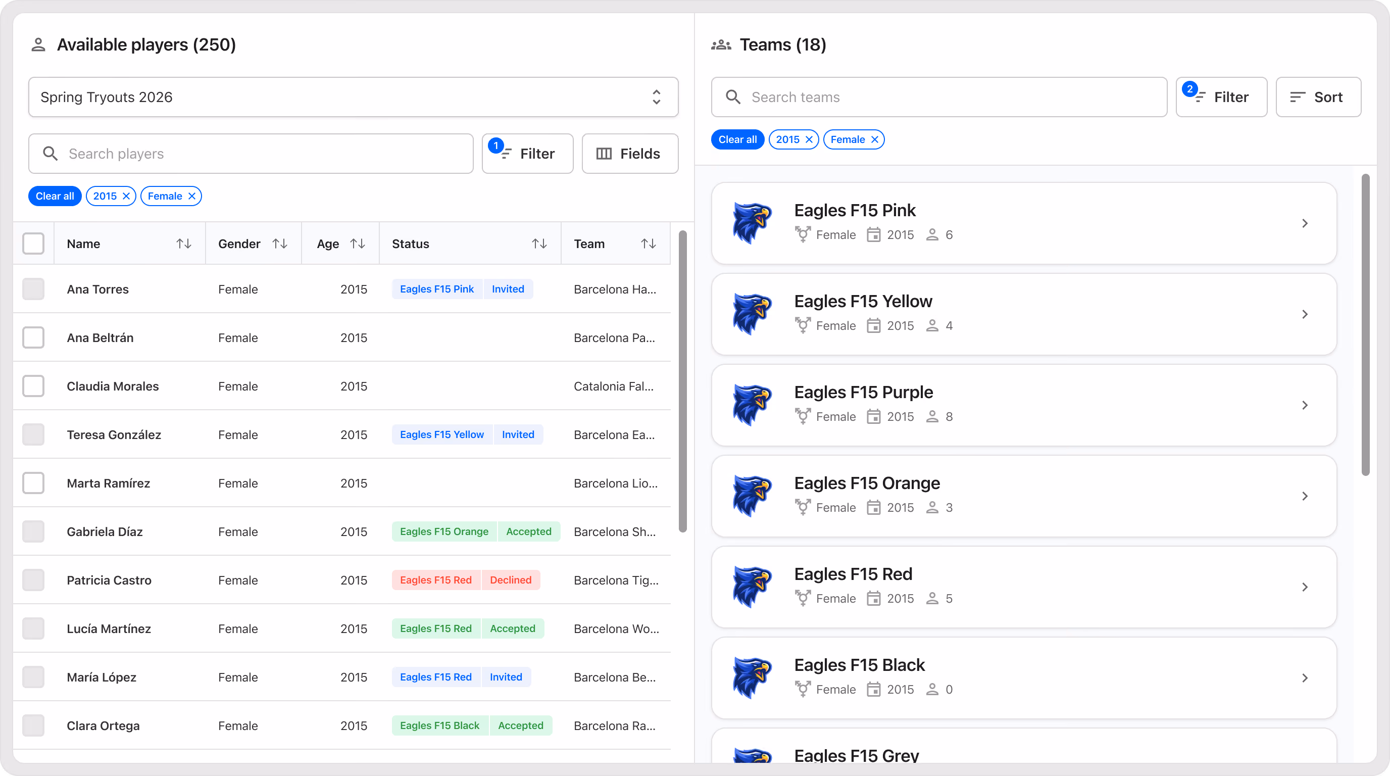 Interface for rostering players to your club's teams