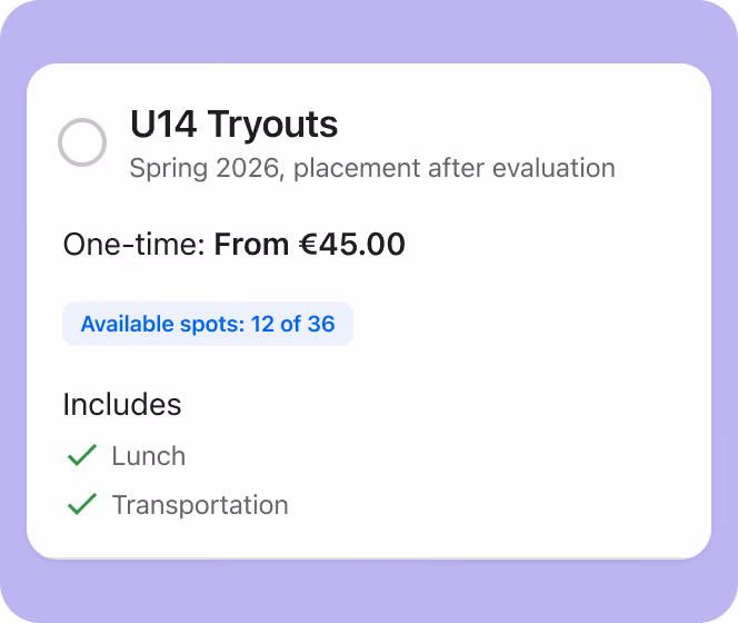 Detailed payment packages for parents and players