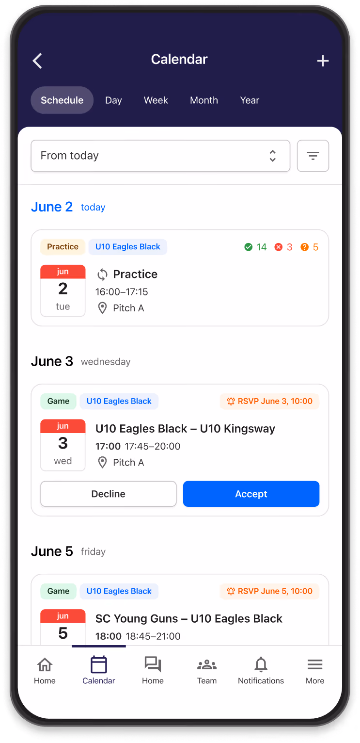 Detailed calendar provided for all teams
