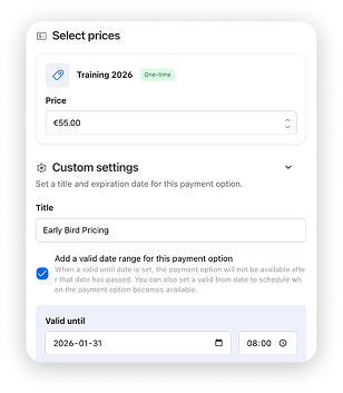 Package payment options with titles and date-based pricing