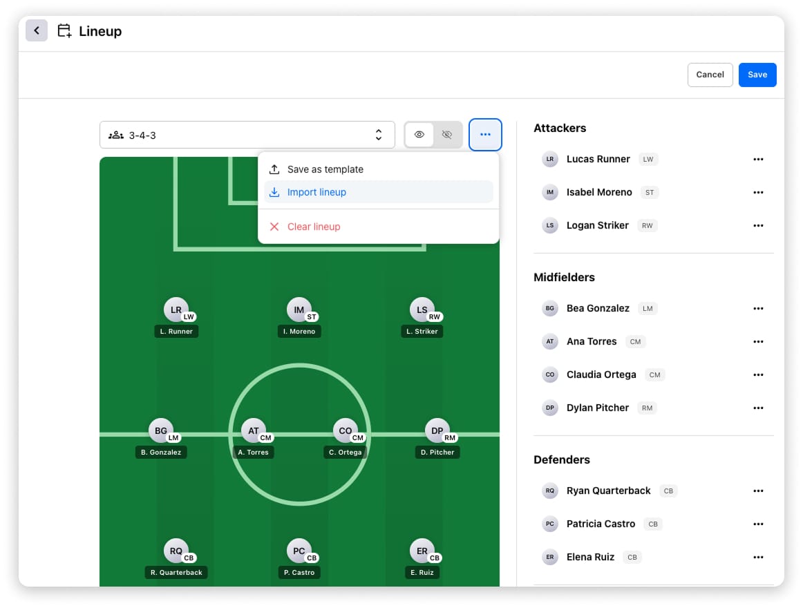 Lineup tool with a predefined formation and assigned players