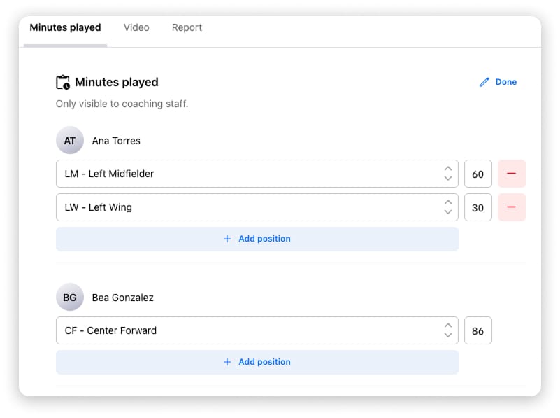 Minutes played per player with distribute minutes option