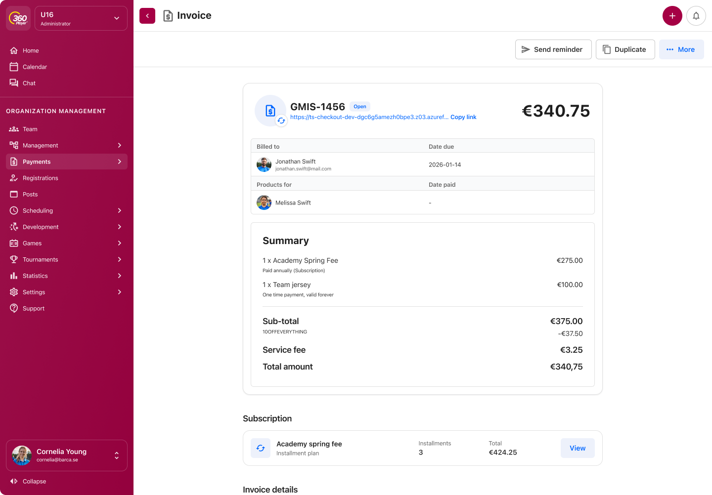 Redesigned invoice view for an open subscription invoice
