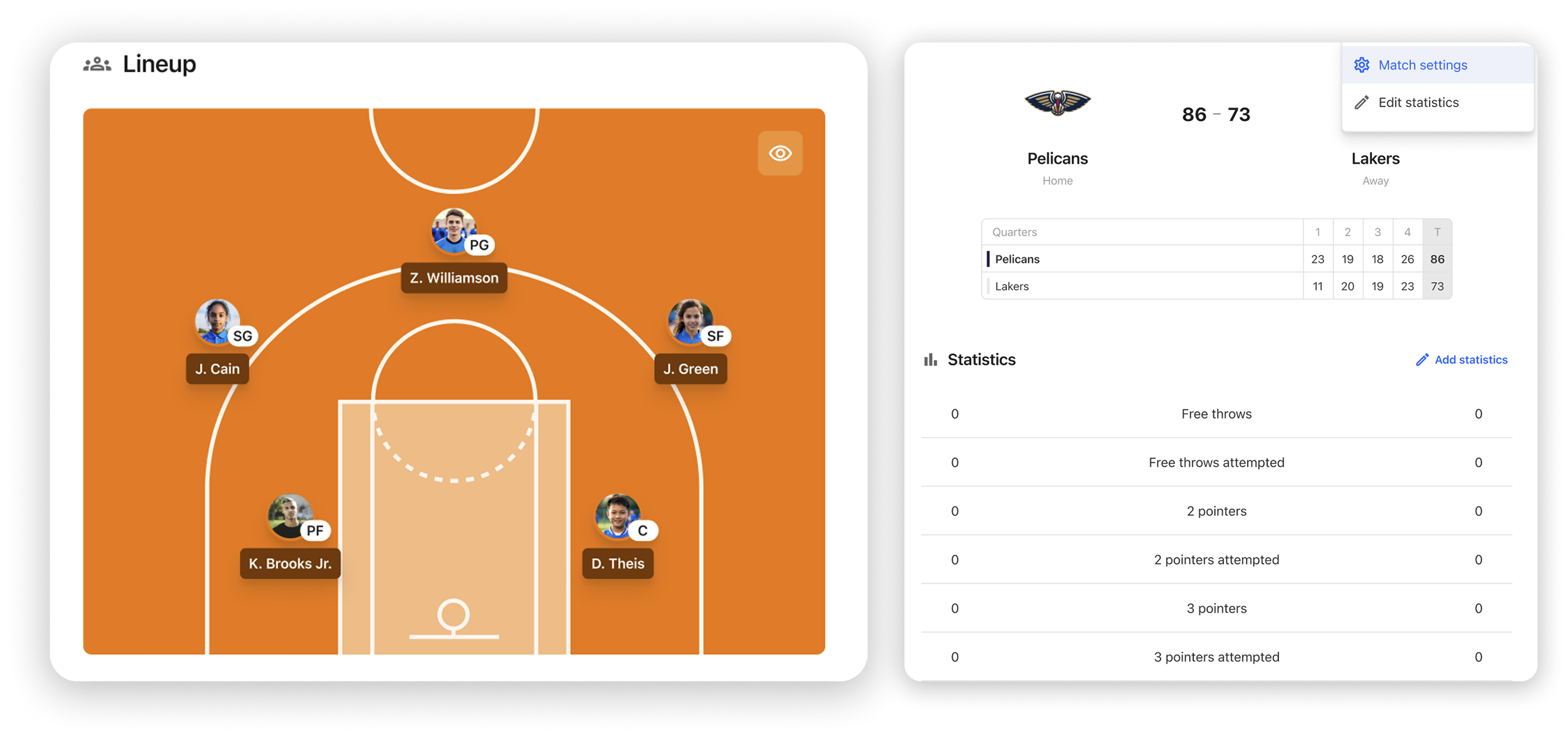 Basketball game setup with period length, format and court type