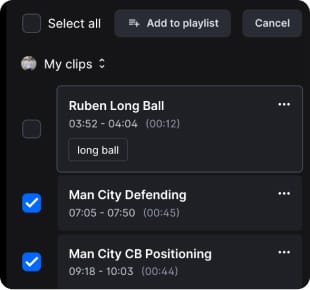 Multiple video clips selected at once for bulk adding to a playlist
