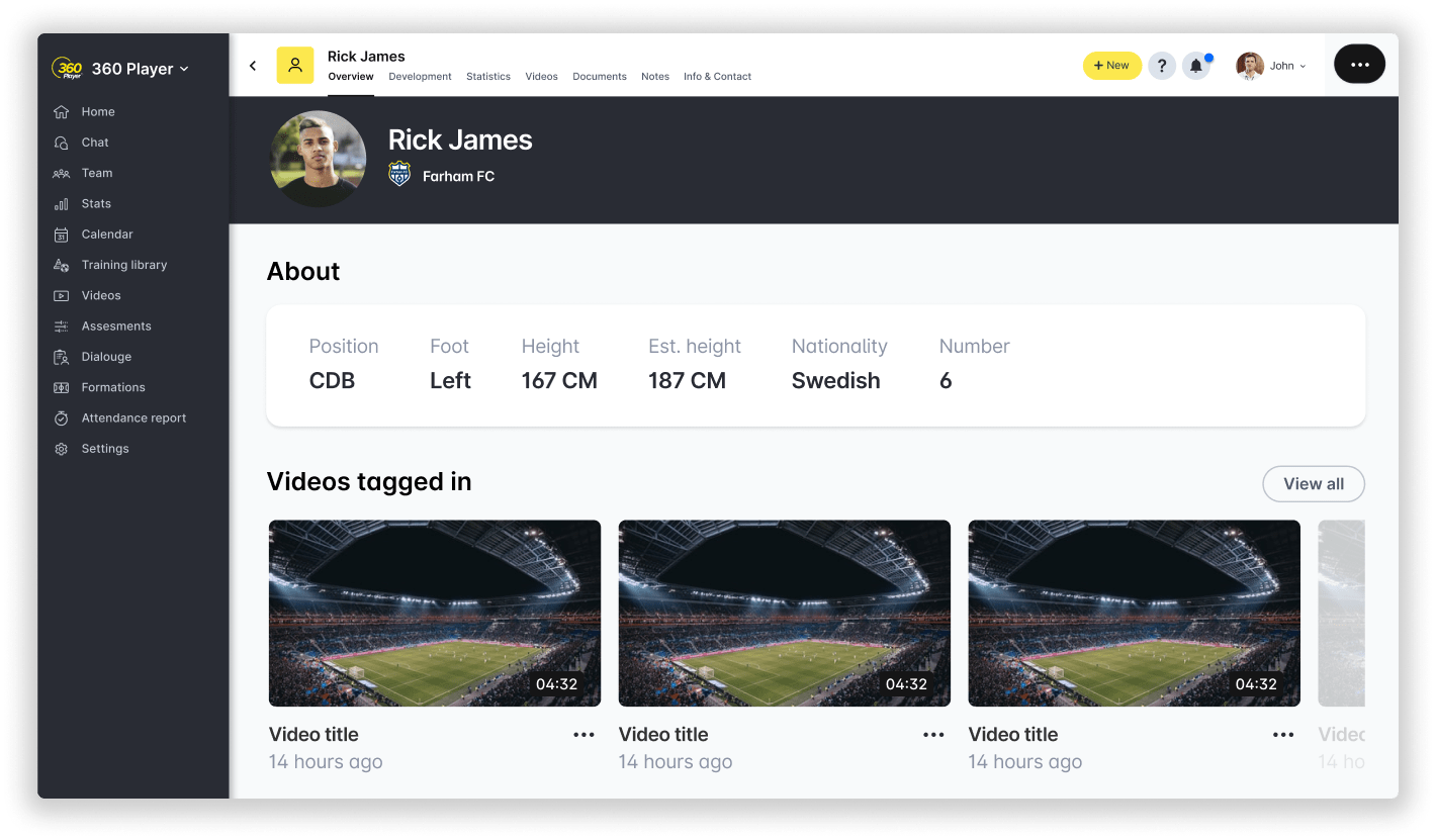 Redesigned player profile overview with tabs for development and statistics