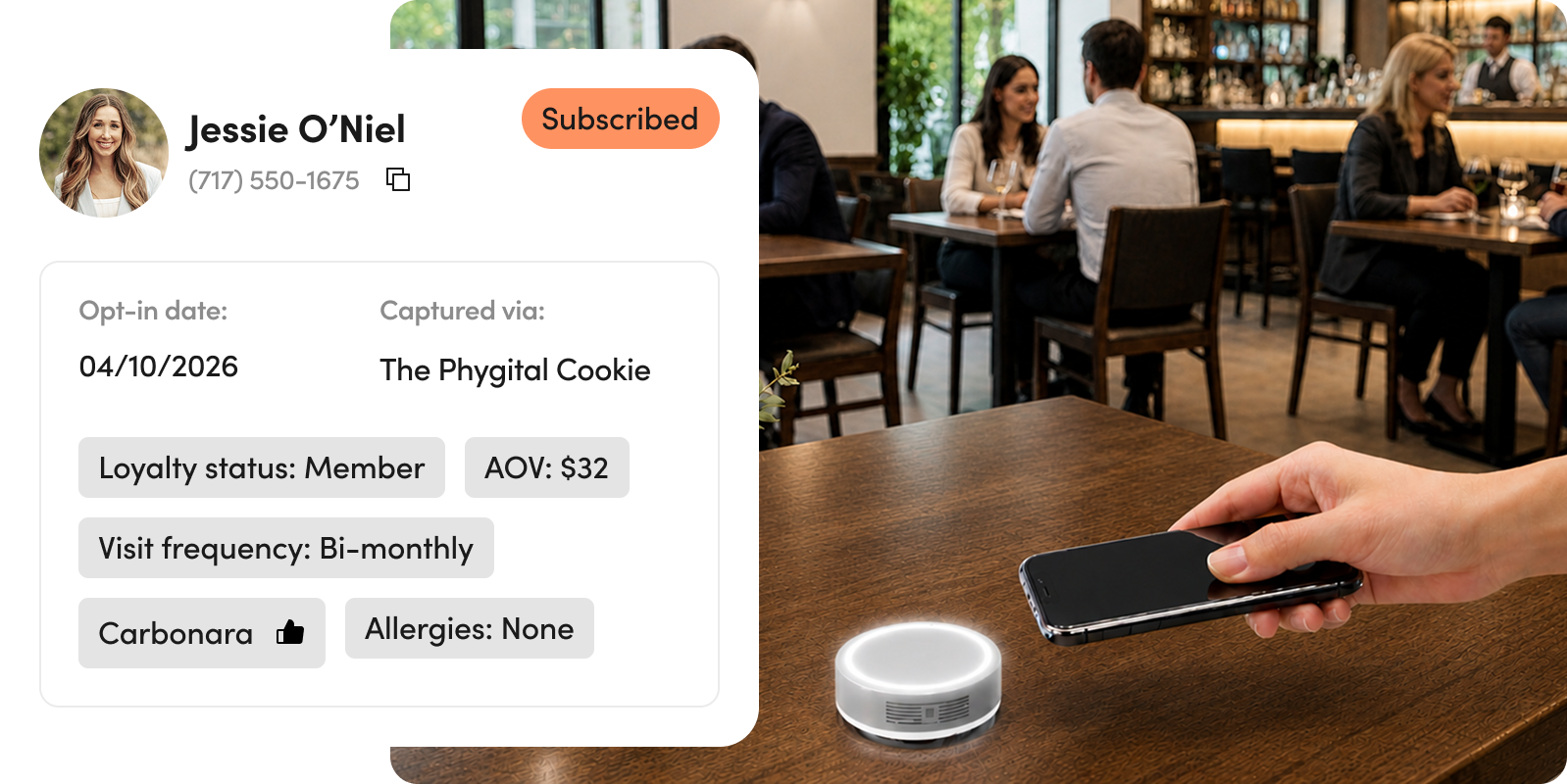 Top view of a round, metallic smart home device with a glowing circular light and a logo at the center.