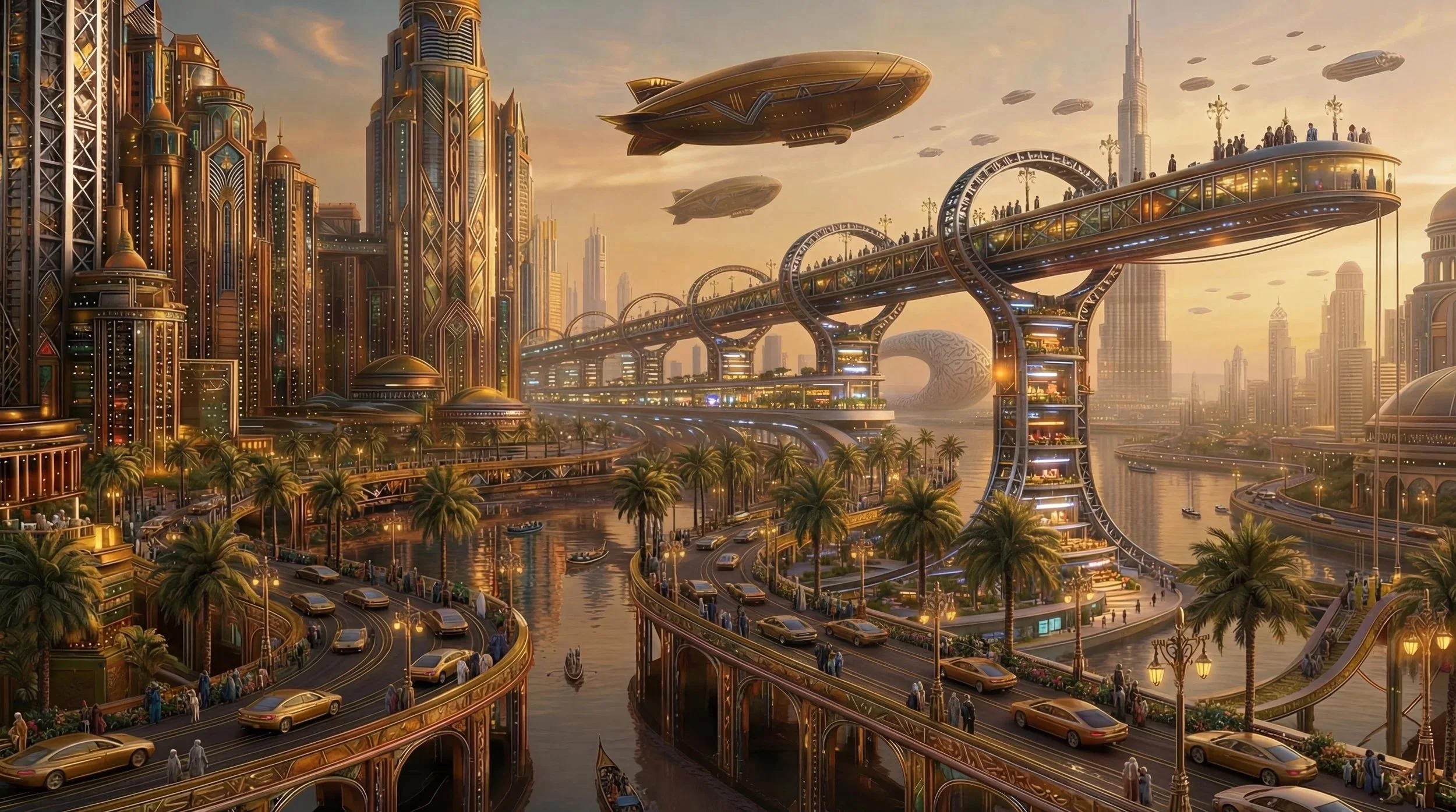 Futuristic cityscape at sunset with golden skyscrapers, elevated roads with cars, waterways with boats, and flying airships in the sky.