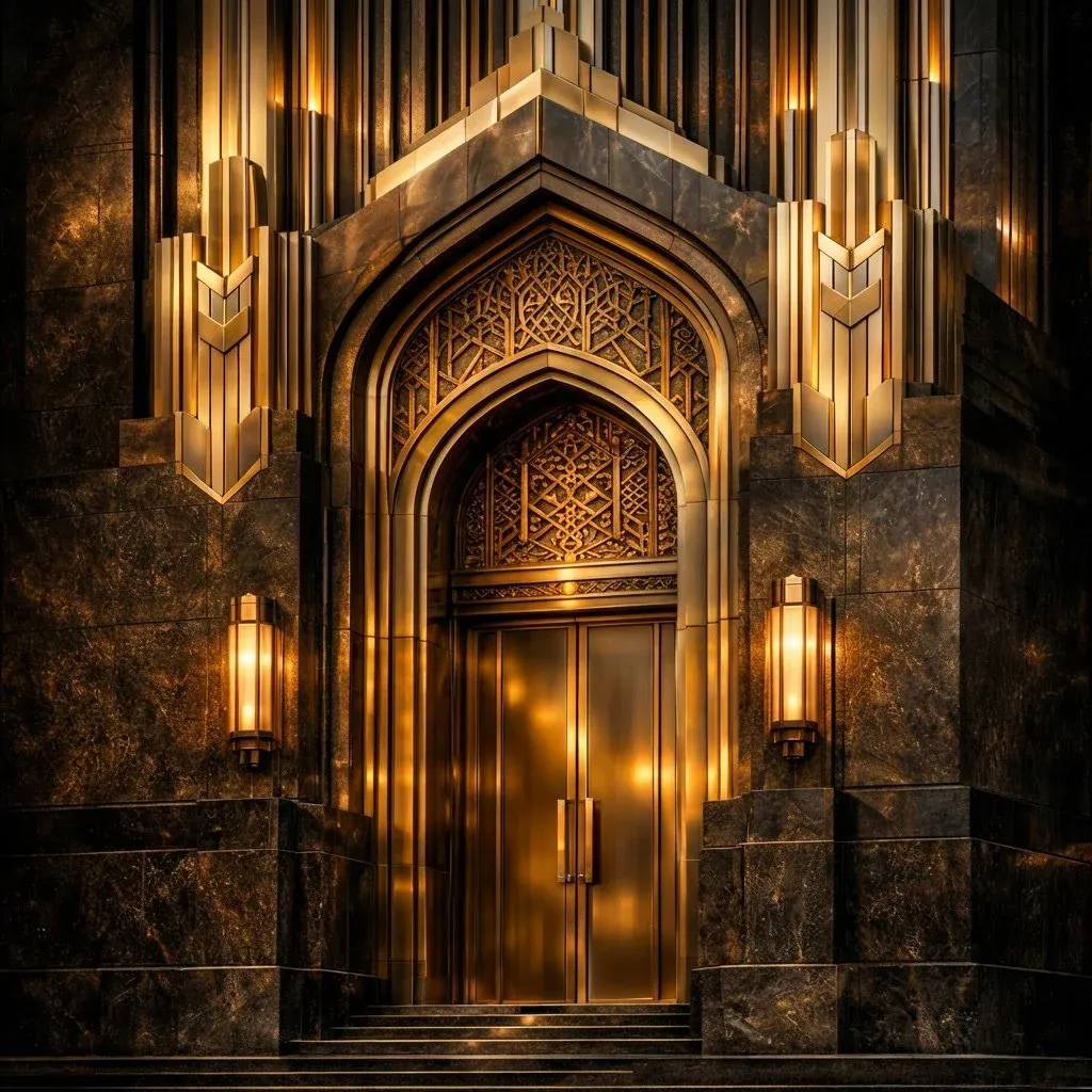 Ornate golden double doors with intricate geometric patterns framed by dark marble walls and illuminated sconces.