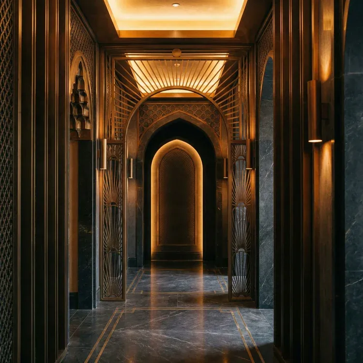 Luxurious hallway with intricate archways and warm golden lighting reflecting on polished dark marble floors.