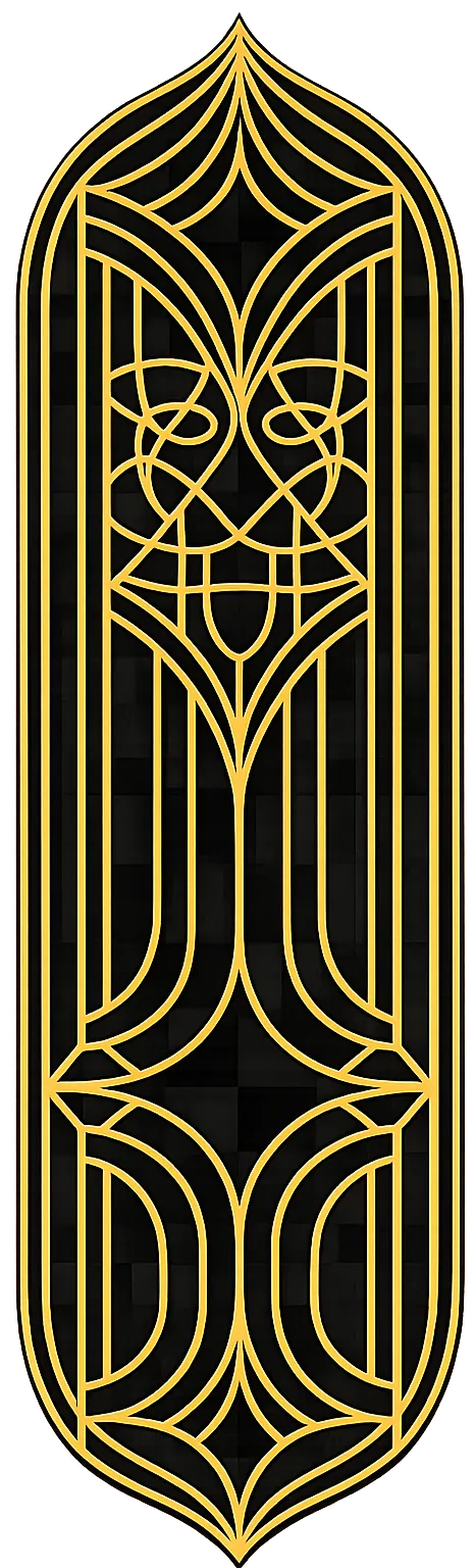 Elongated vertical Art Deco style gold geometric pattern on a black background with curved and pointed elements.