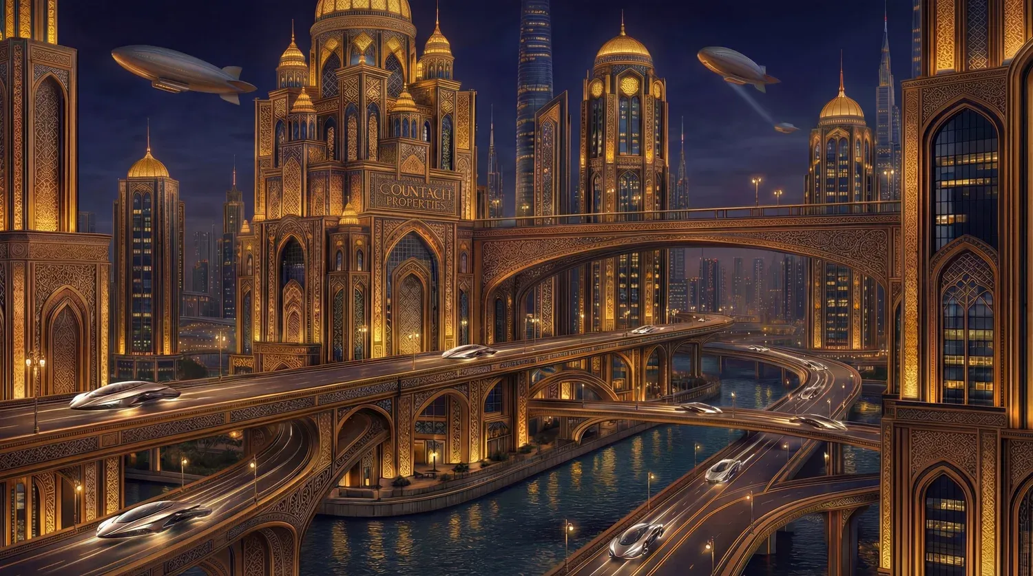 Futuristic cityscape at night with golden ornate skyscrapers, elevated highways with sleek flying cars, and airships in the sky.