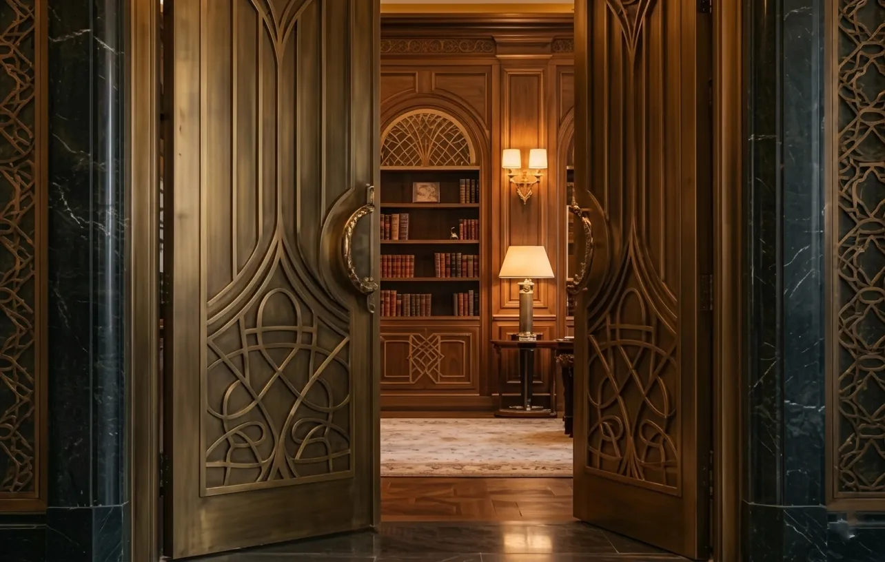 Ornate golden entrance door with intricate geometric patterns and warm glowing wall sconces on dark marble walls.