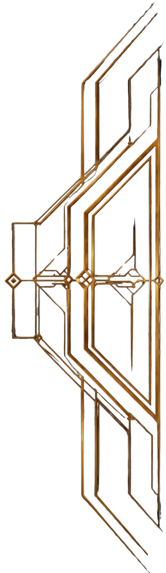 Vertical symmetrical gold geometric Art Deco design with intersecting lines and diamond shapes on a black background.