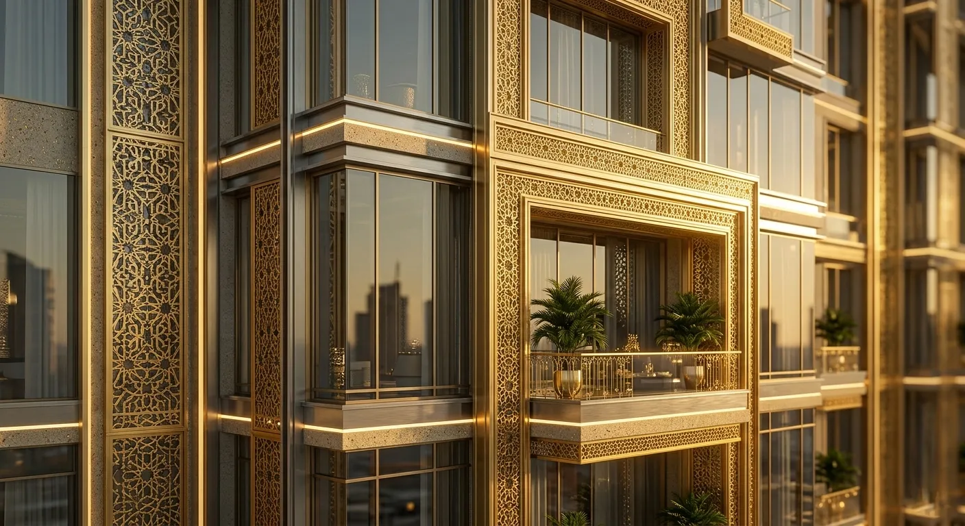 Golden ornate double doors in an archway with intricate patterns and warm glowing lights on dark marble walls.