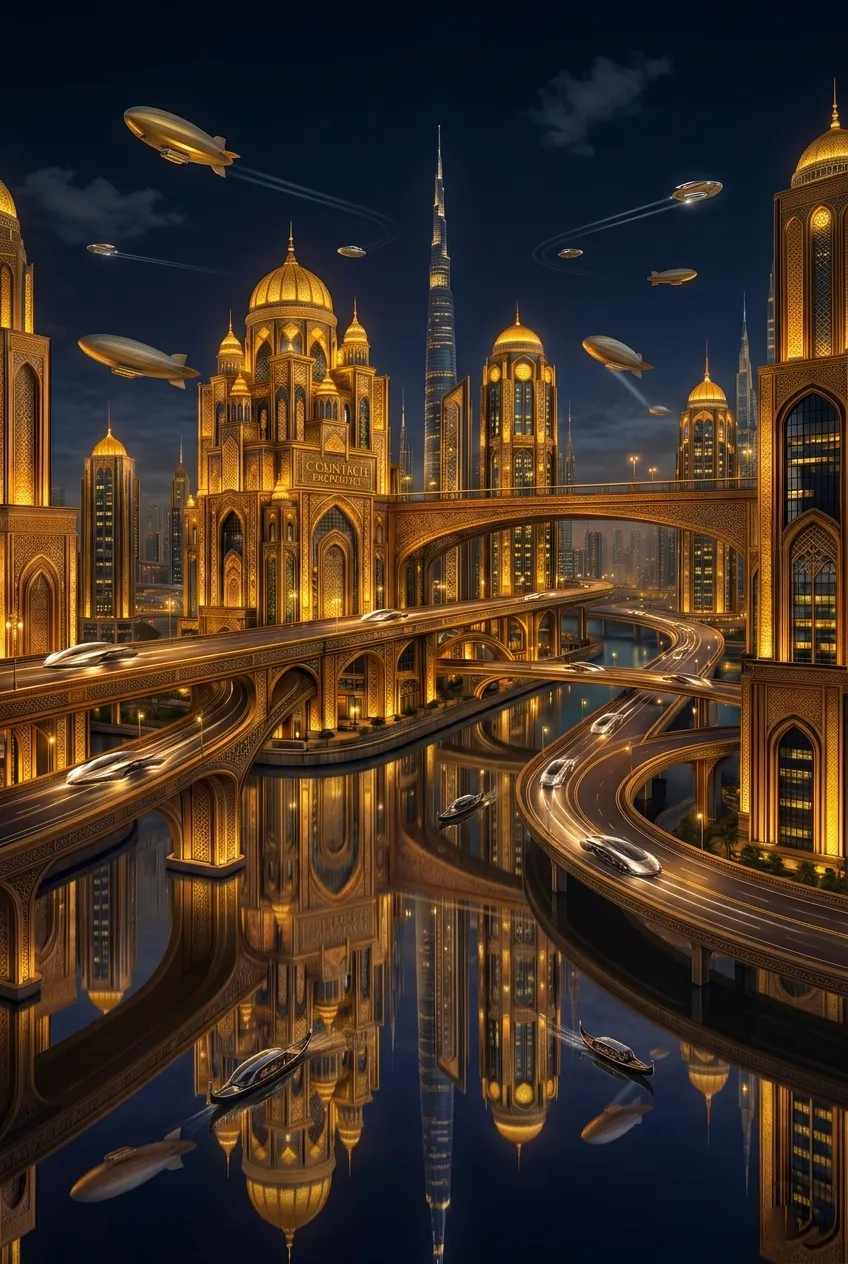 Ornate golden arched doorway with intricate patterns and lighting, overlooking a cityscape with skyscrapers and a blimp at sunset.