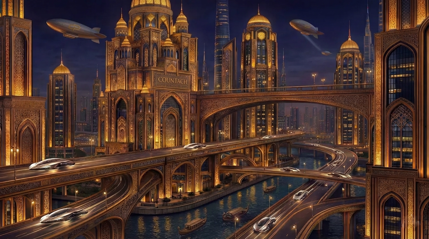Futuristic cityscape at sunset with golden skyscrapers, elevated roads with cars, waterways with boats, and flying airships in the sky.