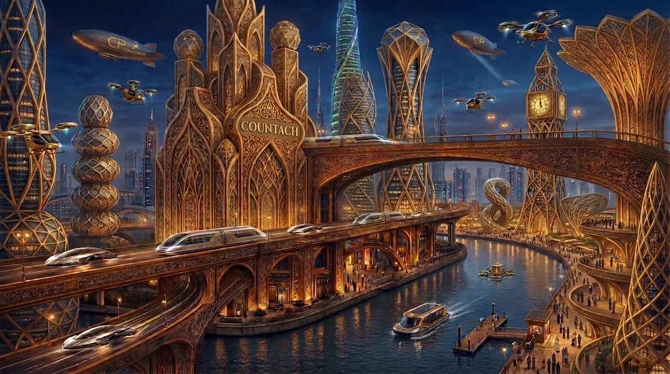 Luxurious ornate golden arched doorway with illuminated lamps and plants, city skyline with skyscrapers and a blimp in the background at dusk.
