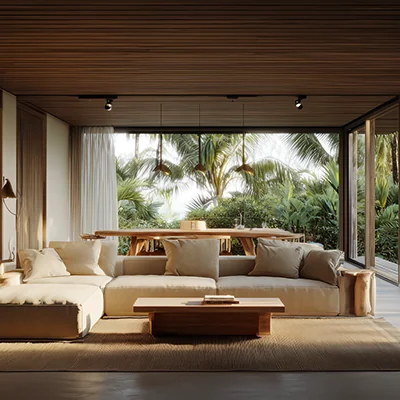 Modern open-concept group suite interior with natural wood ceilings and panoramic tropical views.