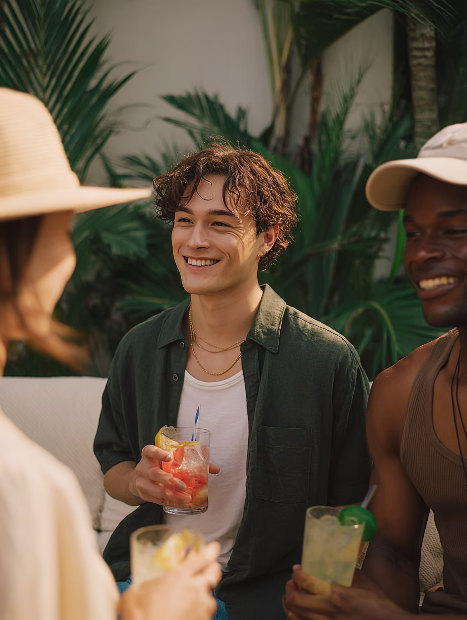 A group of smiling friends enjoying colorful summer cocktails and cold drinks in an outdoor tropical garden setting.