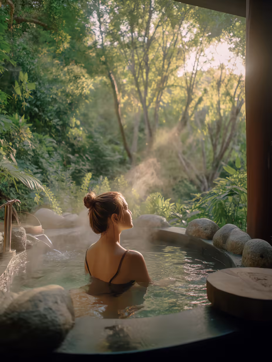 A woman relaxing in a steaming natural stone hot tub outdoors, surrounded by sunlit trees and dense forest greenery.