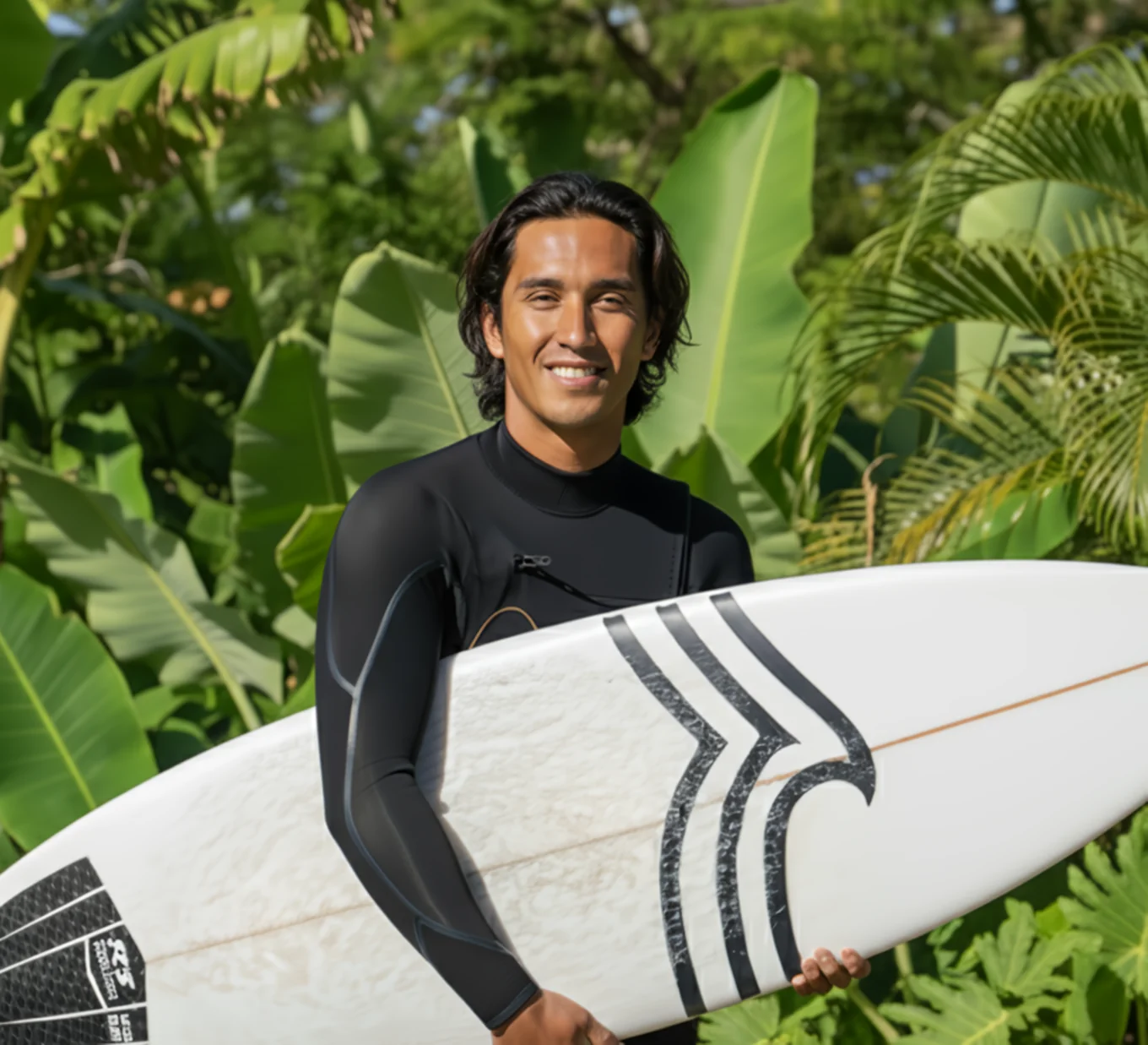 A smiling professional surf instructor in a black wetsuit holding a white surfboard against a lush tropical jungle background.