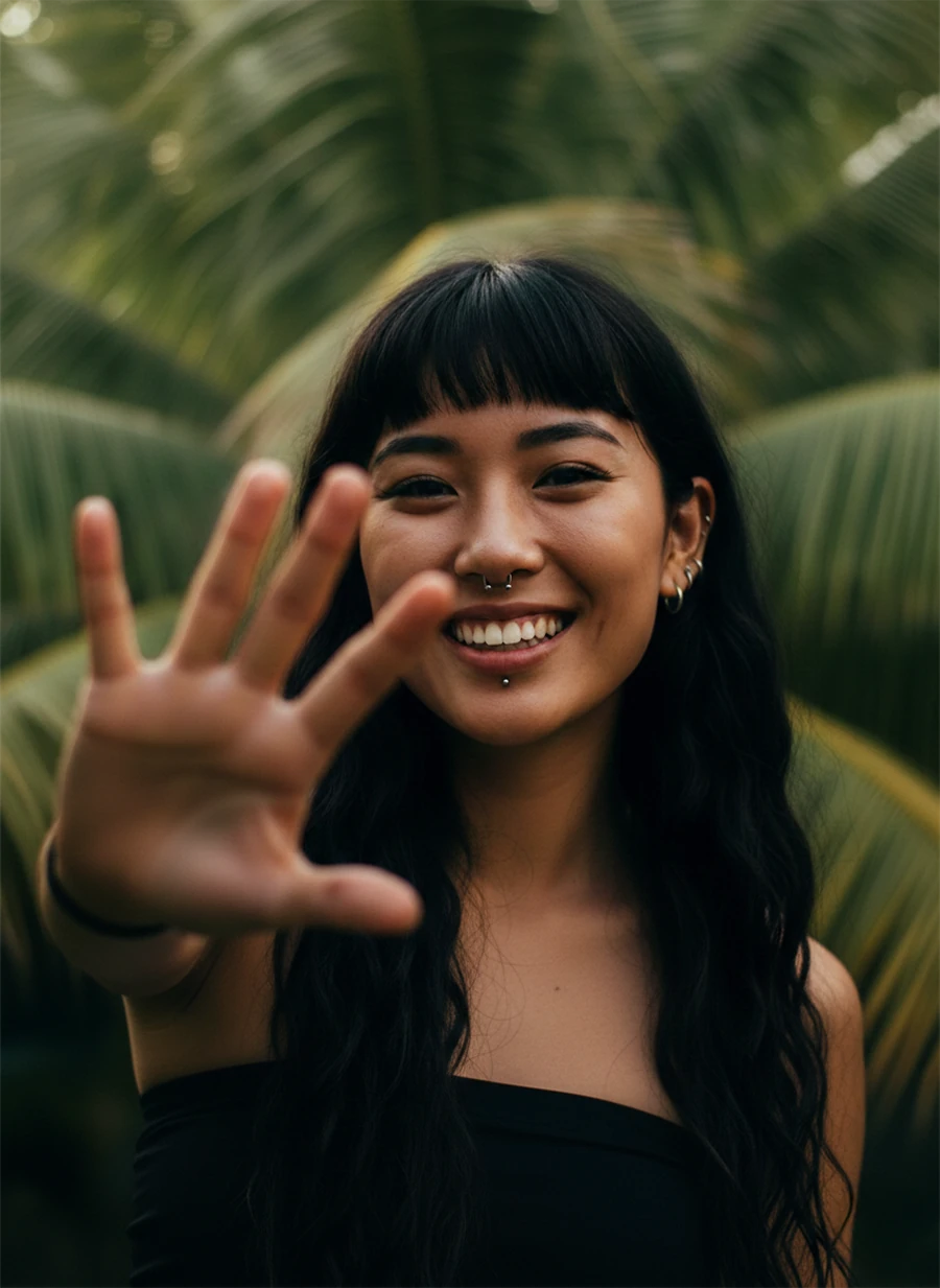 A smiling woman with long dark hair and facial piercings, holding her hand out toward the camera in a tropical setting.