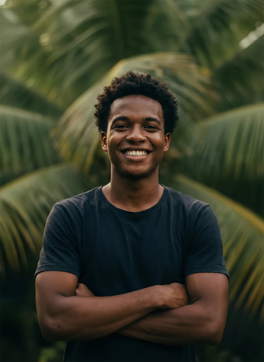 A man with short curly hair smiling warmly with his arms crossed, wearing a black t-shirt in front of palm trees.