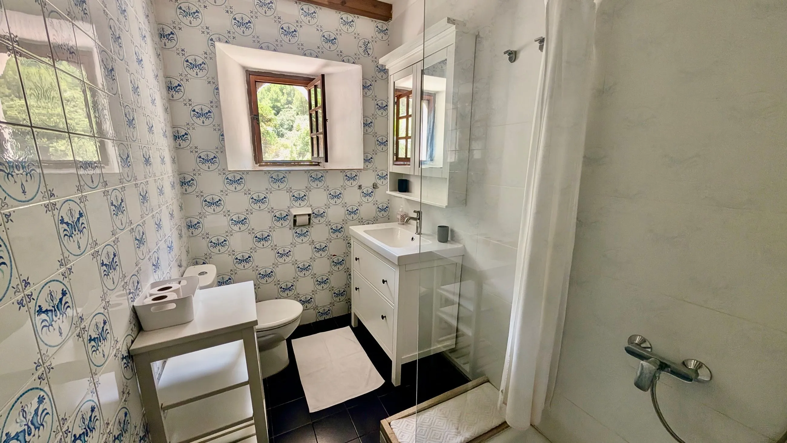 Bright bathroom with blue-and-white patterned tiles, walk-in shower, sink, toilet, and a small window overlooking greenery.