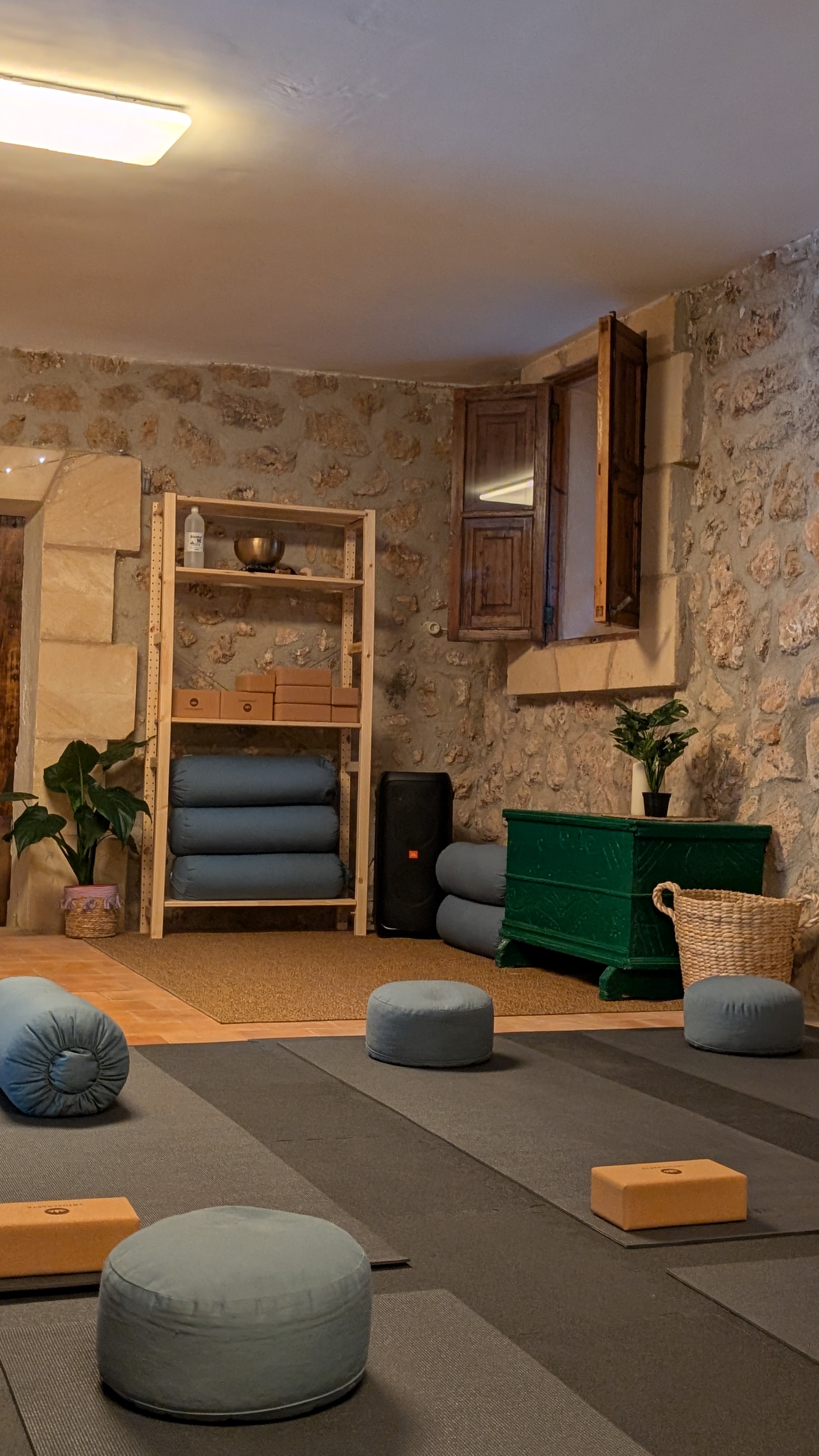 View inside the yoga room with yoga mats, blocks, bolsters, and cushions prepared for a group session.