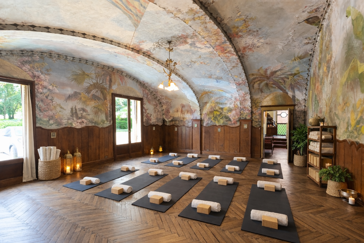 Historic indoor yoga and Pilates studio with frescoed ceilings and natural light at Castello Higo, a luxury retreat center in Tuscany, Italy