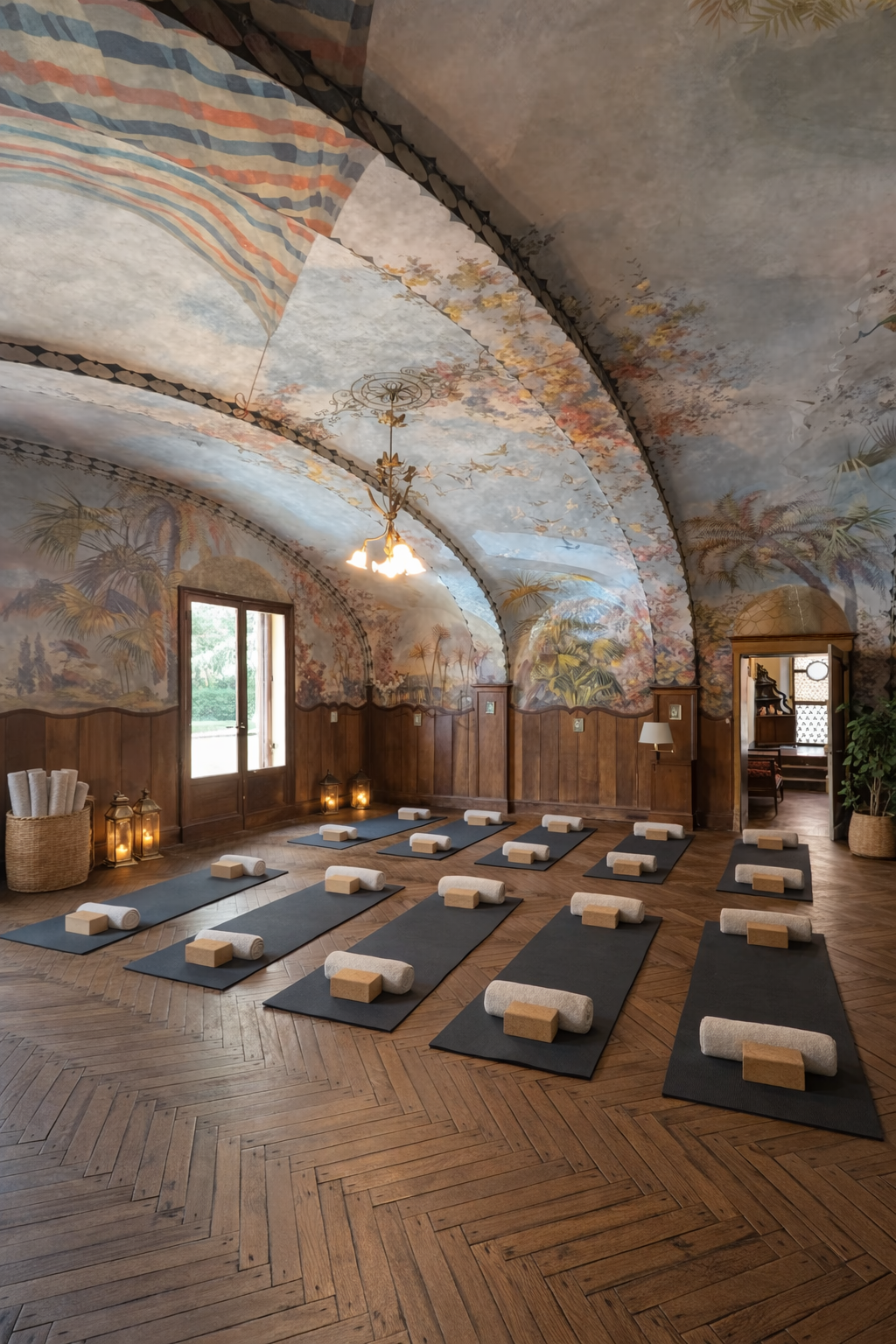 Historic indoor yoga and Pilates studio with frescoed ceilings at Castello Higo, a luxury retreat center in Tuscany, Italy