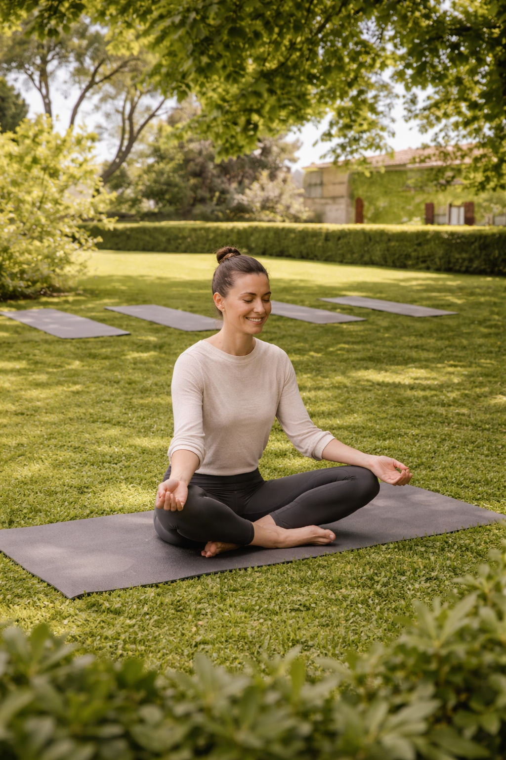 Outdoor yoga meditation session on a green lawn at Castello Higo, a luxury yoga and Pilates retreat center in Tuscany, Italy