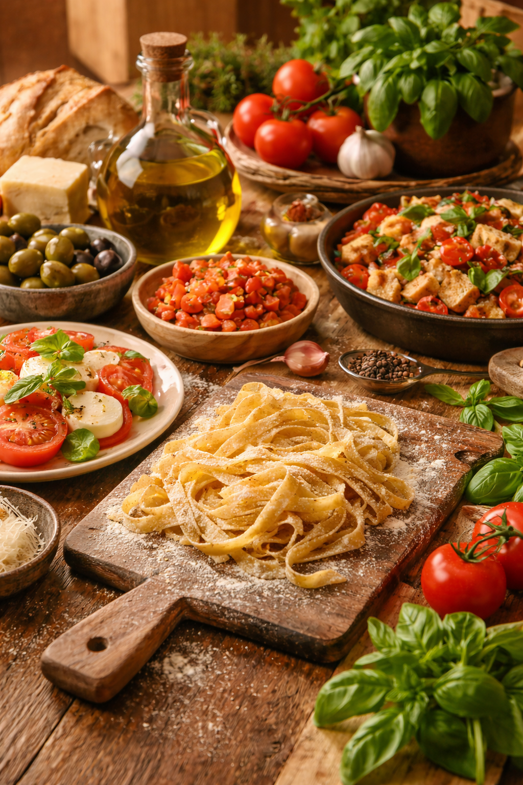Traditional Italian cuisine with fresh pasta, olive oil, and local ingredients at Castello Higo, a luxury yoga and wellness retreat in Tuscany